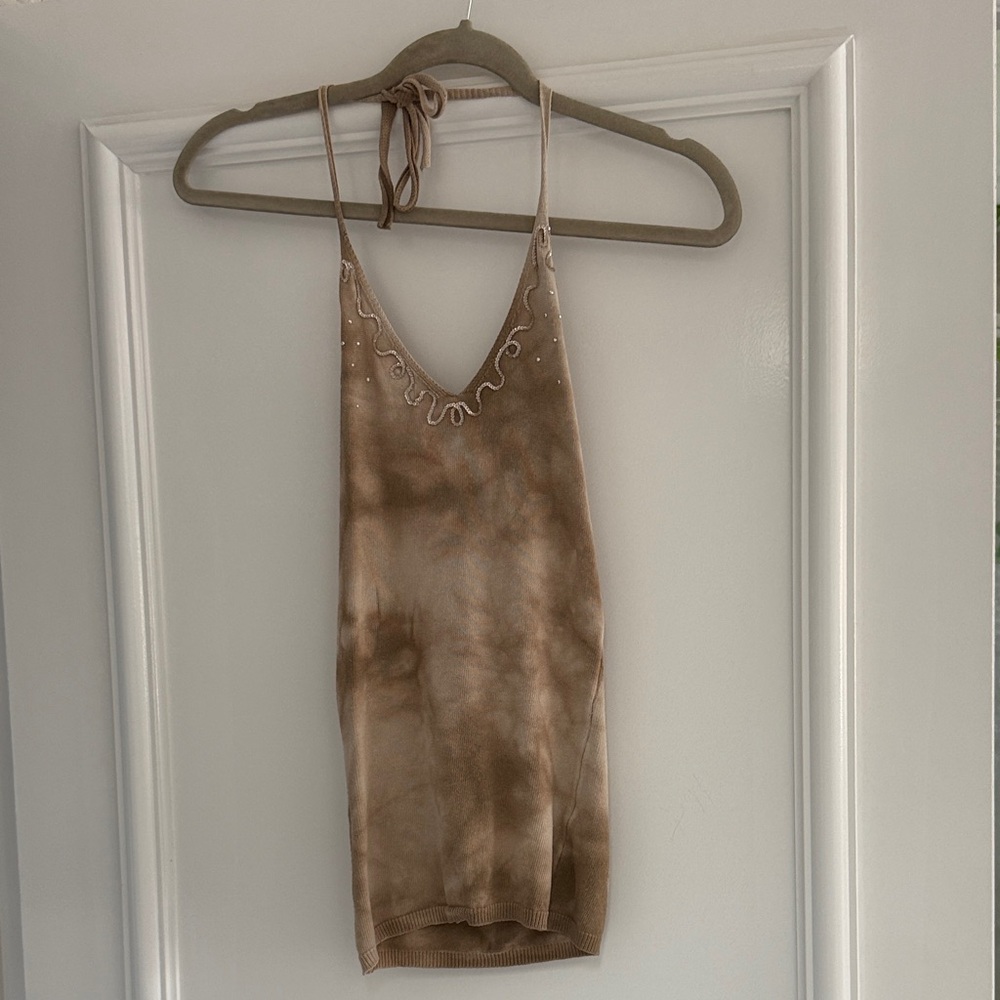 Bershka Beige Tie-Dye Satin Halter Tank Top